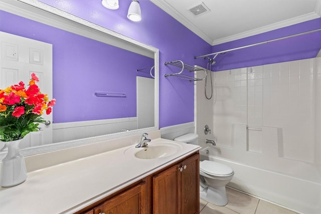 full bathroom with tile patterned floors, crown molding, shower / washtub combination, and vanity