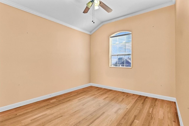 unfurnished room with ceiling fan, light wood-type flooring, vaulted ceiling, and ornamental molding