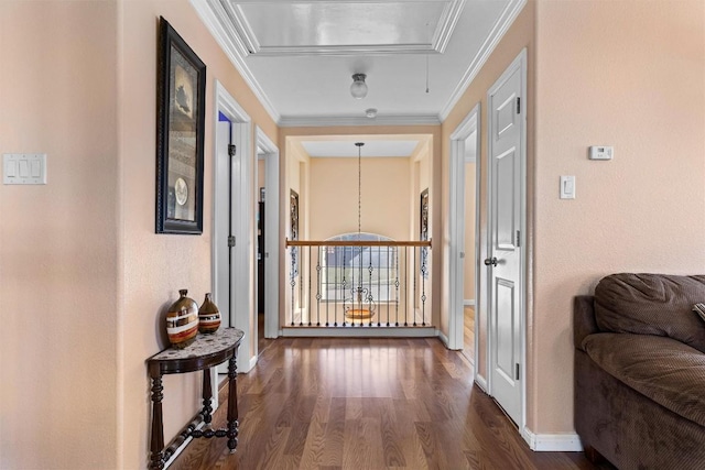 corridor with crown molding and dark wood-type flooring