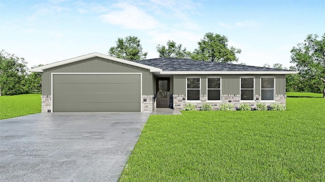 view of front of property with a front yard and a garage