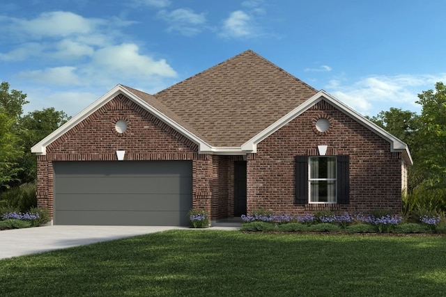 view of front of property featuring a front yard and a garage