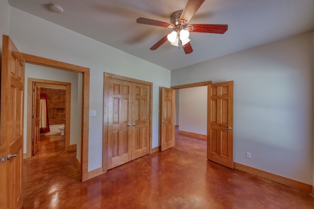 unfurnished bedroom with ceiling fan, concrete flooring, and a textured ceiling