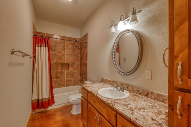 full bathroom featuring shower / bath combination with curtain, toilet, and vanity