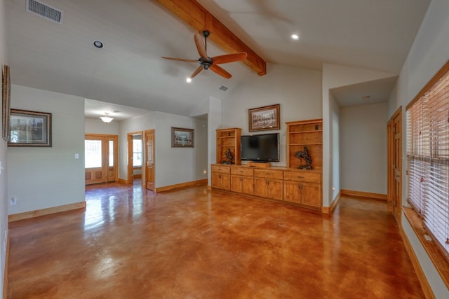 unfurnished living room with beam ceiling, high vaulted ceiling, and ceiling fan