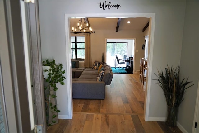 corridor featuring beamed ceiling, hardwood / wood-style floors, and a chandelier