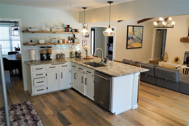 kitchen with kitchen peninsula, white cabinetry, sink, and dishwasher