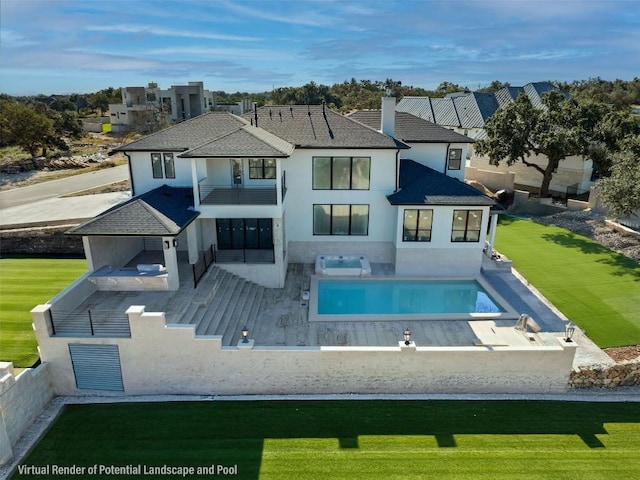 rear view of property with a yard, a patio area, and a swimming pool with hot tub