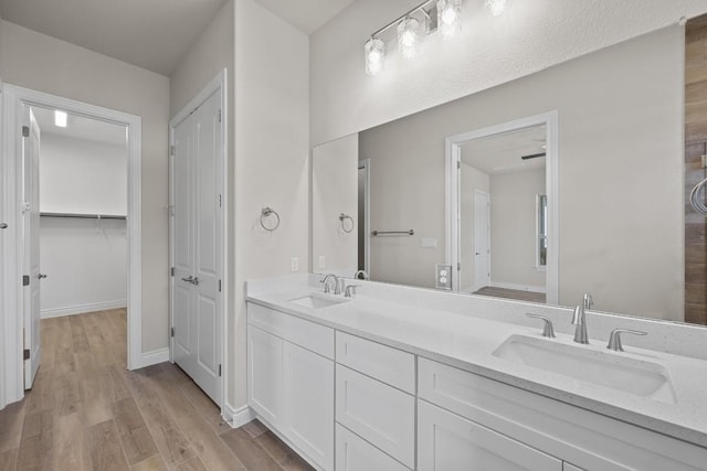 bathroom with wood-type flooring and vanity