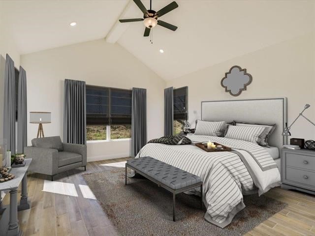 bedroom featuring ceiling fan, light hardwood / wood-style floors, and lofted ceiling with beams