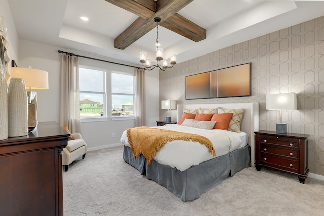 carpeted bedroom with beam ceiling, coffered ceiling, and an inviting chandelier