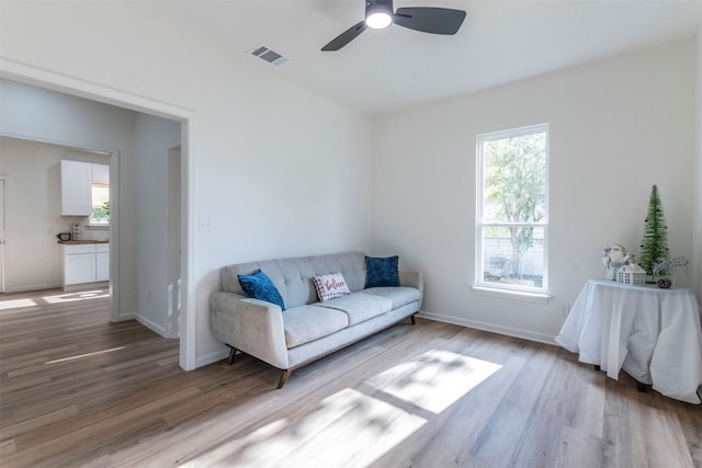 living room with light hardwood / wood-style flooring and ceiling fan