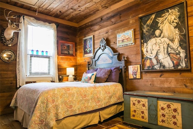 bedroom featuring wood walls and wooden ceiling