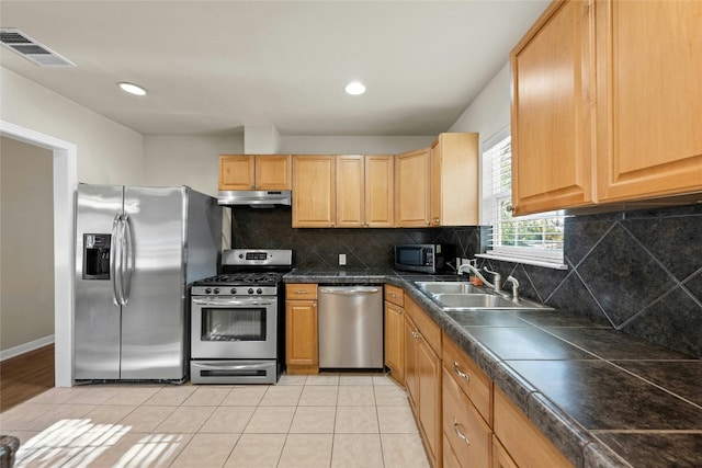 kitchen featuring decorative backsplash, sink, light tile patterned floors, and stainless steel appliances