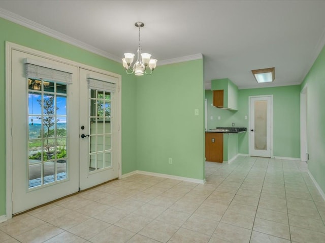 interior space with ornamental molding, french doors, a notable chandelier, and light tile patterned flooring