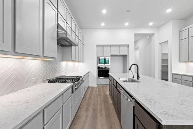 2120 Tobiano Trce, Georgetown, TX 78633 - kitchen with stainless steel appliances, a sink, extractor fan, a kitchen island with sink, and light wood-style floors