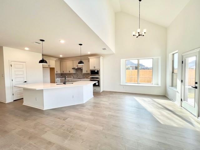 kitchen featuring white cabinetry, sink, hanging light fixtures, a kitchen island with sink, and appliances with stainless steel finishes