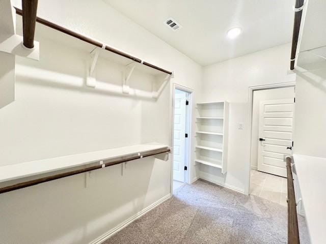 spacious closet featuring light colored carpet