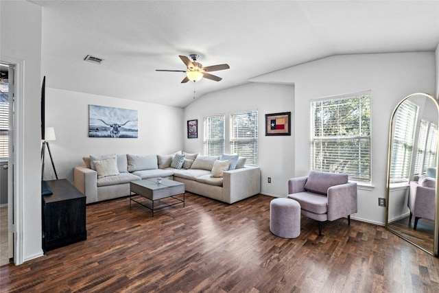 living room with dark hardwood / wood-style floors, vaulted ceiling, and ceiling fan