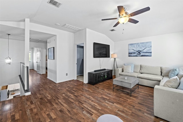 living room featuring lofted ceiling, ceiling fan, and dark hardwood / wood-style floors