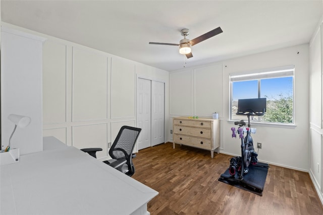 office featuring ceiling fan and dark hardwood / wood-style floors