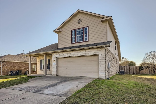 view of property with a front yard, a garage, and cooling unit