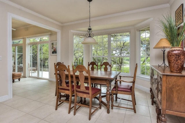 tiled dining room with ornamental molding