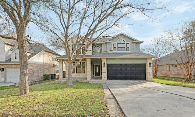 view of front of property featuring central AC unit, a porch, a garage, and a front yard