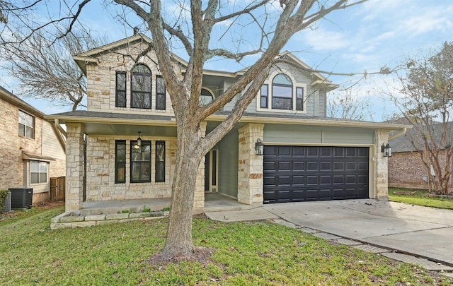 view of front facade with a porch, central AC unit, and a front lawn