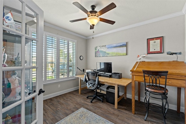 home office with dark wood-style floors, baseboards, and crown molding