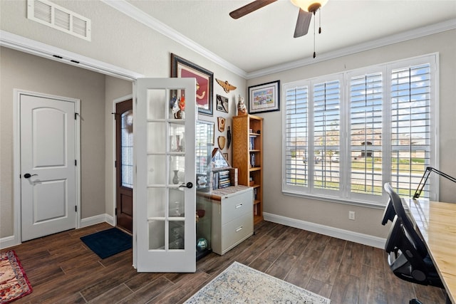 interior space featuring a ceiling fan, crown molding, visible vents, and dark wood-type flooring