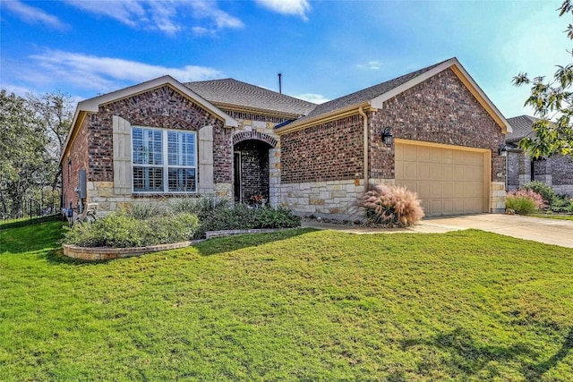 ranch-style house featuring an attached garage, brick siding, concrete driveway, stone siding, and a front yard