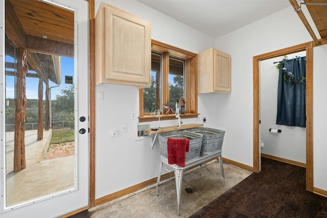 kitchen featuring light brown cabinets and dark hardwood / wood-style flooring