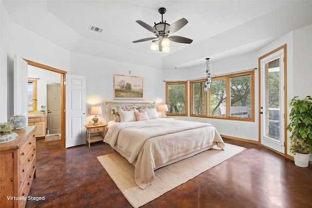 bedroom with access to outside and ceiling fan