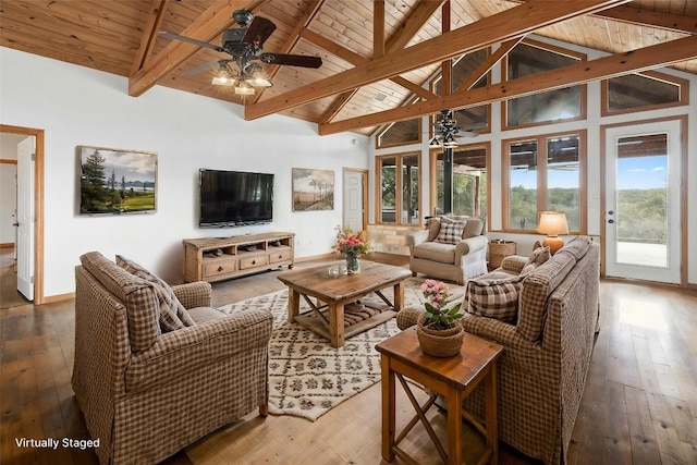 living room featuring wooden ceiling, beamed ceiling, high vaulted ceiling, and wood-type flooring