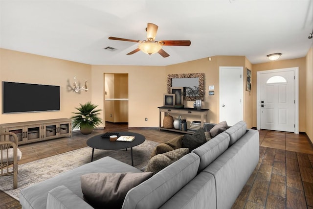 living room featuring ceiling fan