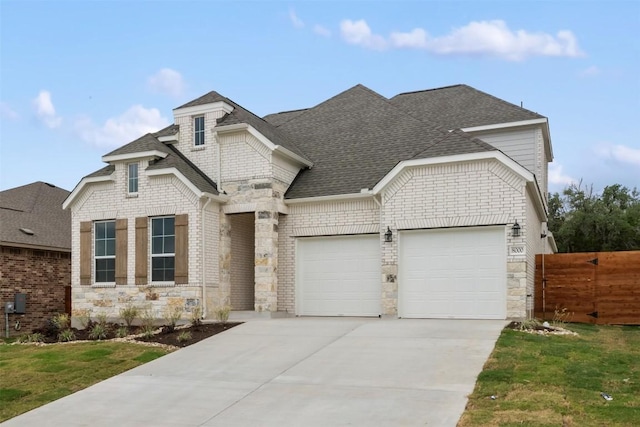 french country style house with concrete driveway, stone siding, a shingled roof, and an attached garage