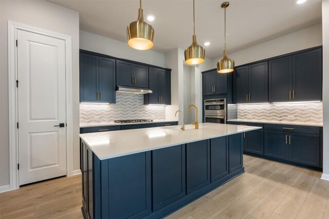 kitchen featuring light wood finished floors, a sink, under cabinet range hood, light countertops, and appliances with stainless steel finishes