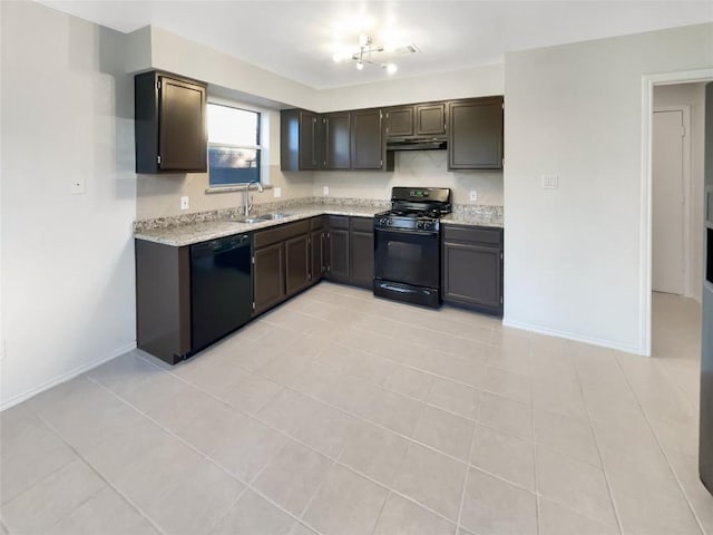 kitchen with black appliances, light tile patterned flooring, light stone countertops, and sink