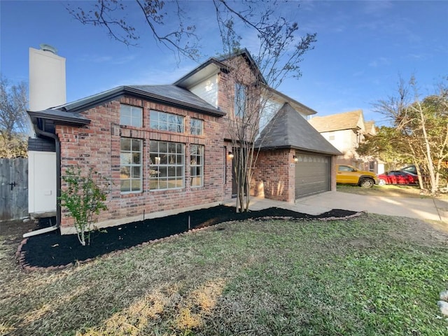 view of property exterior featuring a garage and a lawn