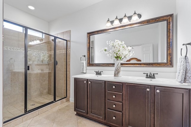 bathroom featuring tile patterned flooring, vanity, and a shower with door