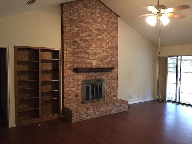 unfurnished living room featuring ceiling fan, dark wood-type flooring, high vaulted ceiling, and a brick fireplace