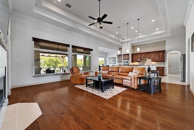 living room featuring dark hardwood / wood-style floors, ceiling fan, and a raised ceiling