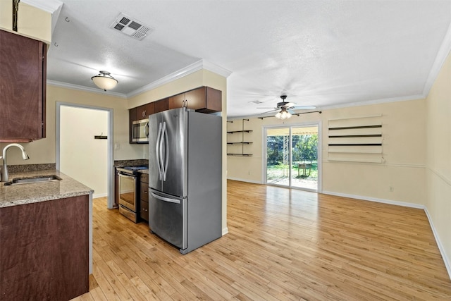 kitchen with ceiling fan, sink, light hardwood / wood-style floors, a textured ceiling, and appliances with stainless steel finishes