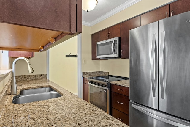 104 Thompson St, Cedar Park, TX 78613 - kitchen with stainless steel appliances, ornamental molding, light stone countertops, and dark brown cabinetry