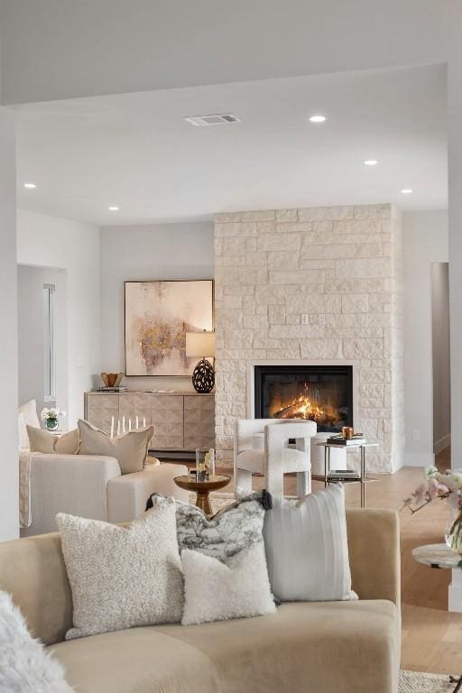 living room featuring wood-type flooring and a stone fireplace