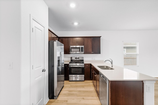 kitchen with stainless steel appliances, dark brown cabinetry, sink, and light hardwood / wood-style flooring