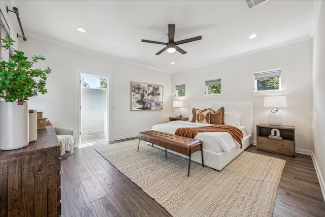 bedroom with multiple windows, crown molding, ceiling fan, and dark wood-type flooring