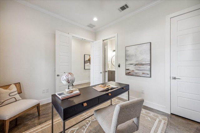 office area with ornamental molding