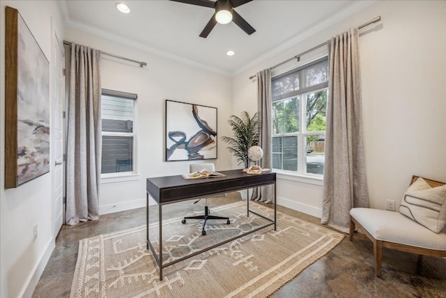 office area featuring ceiling fan and crown molding