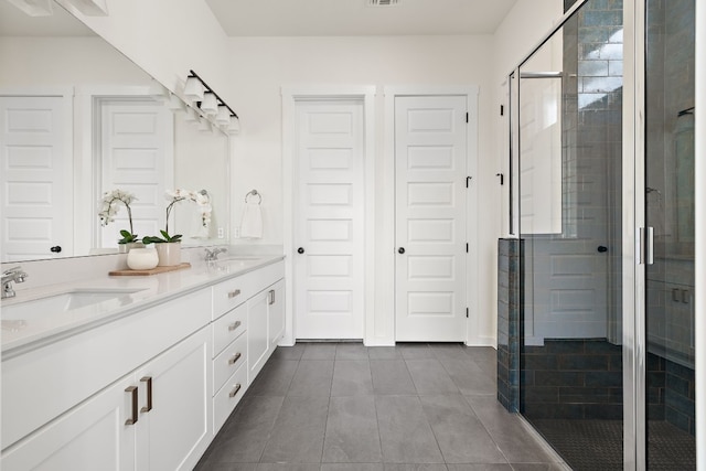 bathroom with tile patterned flooring, vanity, and an enclosed shower